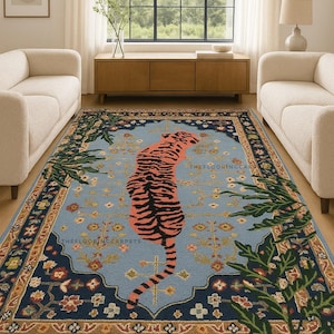 Modern Bengal Tiger hand-tufted rug featuring a majestic tiger and lush botanical details with stunning floral border for modern living Room