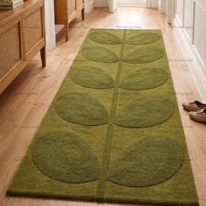 Orla Kiely Stem Runner Rug Olive Green, Hand Tufted Wool Hallway Runner, Mid Century Modern Decor, Large Leaf Pattern Rug, 70x200cm Area Rug