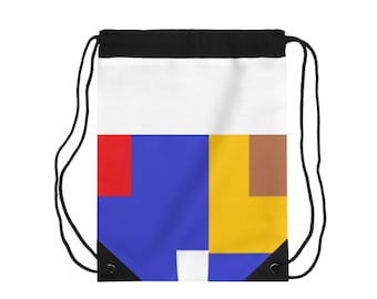 Bolsa con cordón con diseño geométrico en azul, rojo y amarillo con bloques de colores abstractos
