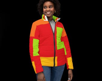 Colorful Women&#39;s Puffer Jacket, Vibrant Fall Winter Coat, Statement Outerwear, Trendy Layering Piece, Casual Fashion Outerwear