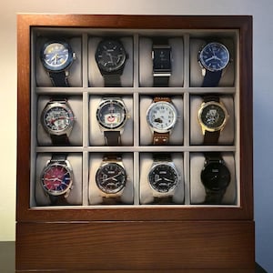 12-Slot Wooden Watch Box: Vertical Display Organizer with Drawers