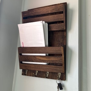 Rustic Wooden Wall Mail Organizer: Farmhouse Key Holder with 4 Hooks