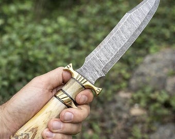 Damascus Steel Bowie Knife 16.5 Inch Camel Bone Handle Hunting Survival Blade
