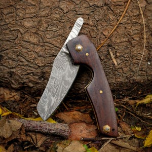 Handmade Damascus Steel Cigar Cutter – 6.5&quot; Folding Knife with Wooden Handle | Gift for Him