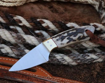8 Inch Damascus Steel Hunting Knife Elk Handle Leather Sheath Father Day gift