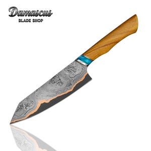 Unique Copper Damascus Steel Chef Knife | Resin and Wood Handle | Hand-forged Kitchen Damascus Blade | Best Gift For Chef | Gift For Dad