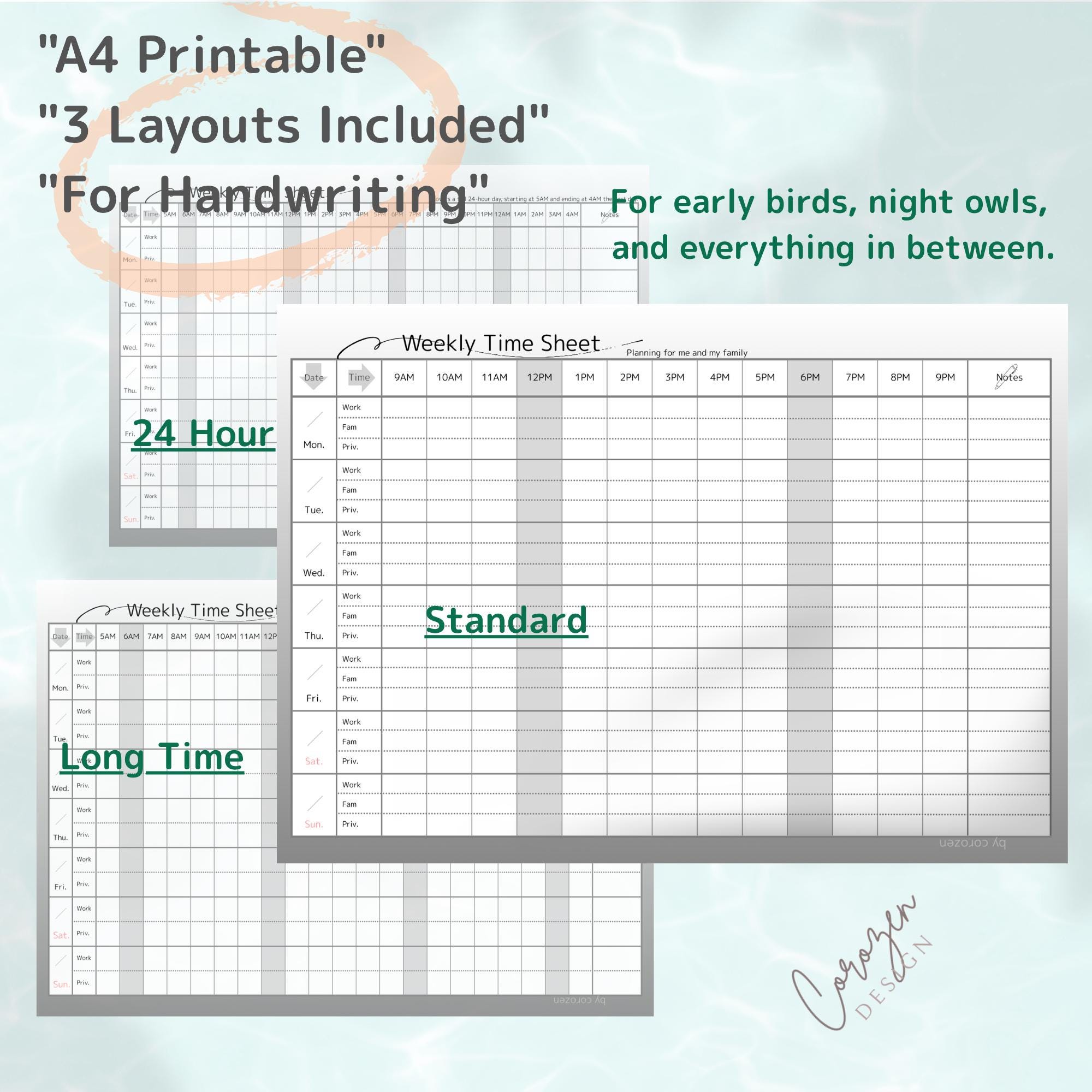 Weekly Time Sheet Printable – A4 PDF, 3 Layouts, Work & Family Planner ...