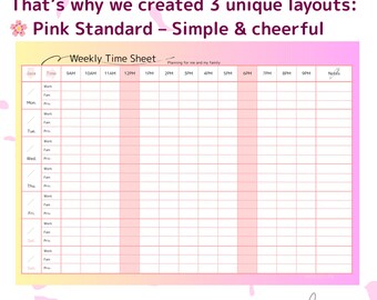 Puede incluir: Una hoja de tiempo semanal rosa y amarilla con un diseño simple y alegre. La hoja de tiempo incluye columnas para cada día de la semana, con franjas horarias de 9 AM a 9 PM. El texto "Weekly Time Sheet" está en la parte superior.