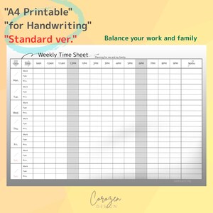 Op de afbeelding: Een afdrukbaar wekelijks tijdschema met een raster voor handschrift, ontworpen om werk en gezin in evenwicht te brengen. Het schema heeft kolommen voor tijdvakken van 9:00 tot 21:00 uur en rijen voor elke dag. De tekst luidt: "Breng uw werk en gezin in evenwicht."