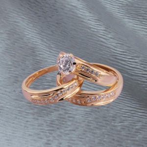 Moissanite Wedding Ring Set: 18K Rose Gold & Diamond Bridal Trio