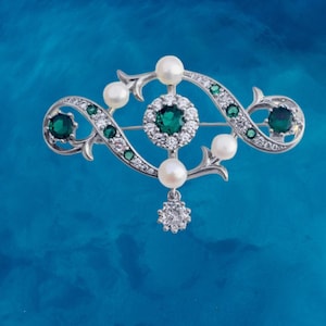 14k White Gold Moissanite Sapphire Emerald Brooch, 925 Sterling Silver Diamond Round Brooch, Wedding Brooch Gift For Girlfriend Gift For her