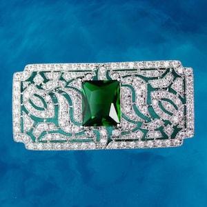 18k White Gold brooch in the rectangular Art Deco style set with rhinestones and green crystal in a vintage-style silver Color Gift For Her