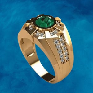 18k Yellow Gold  Girl&#39;s Ring Green Emerald Round Cut Gemstone Ring For Her Men Ring in 18K Gold, Wedding Men Gold Ring, Gold Gift For Men