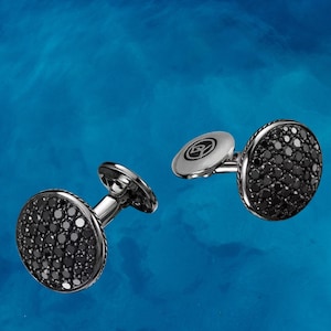 14k White Gold Round Cut Black Onyx Cufflinks, Minimalist Cufflinks, Men&#39;s Luxurious Formal Wear Cufflink , 925 Sterling Silver Gift for Him