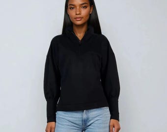 Damessweater, zwarte sweatshirt met rits, sweatshirt met opstaande kraag, sweatshirt met lange mouwen, sportsweater, sweatshirt met rits