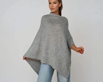 Damesponcho, damescape, oversized cape, zomercover-up, grijze poncho, damestrui, boho poncho, one size, gebreide poncho