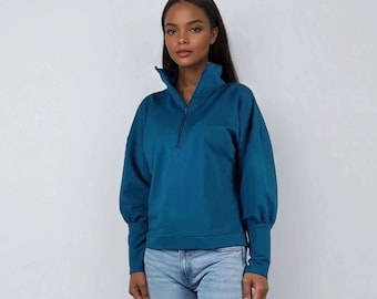 Damessweater, zwarte sweatshirt met rits, sweatshirt met opstaande kraag, sweatshirt met lange mouwen, sportsweater, sweatshirt met rits