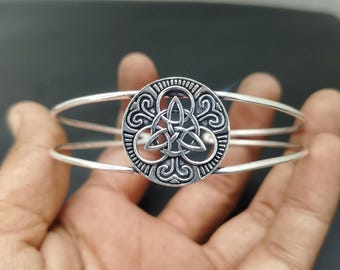 Celtic Knot Cuff Bracelet: Adjustable Silver Bangle, Bohemian Spiritual Jewelry