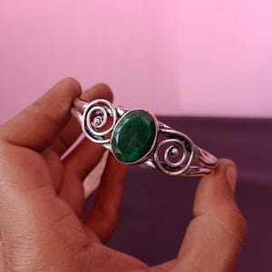 Handmade Sterling Silver Cuff Bracelet: Green Emerald Boho Swirl Design