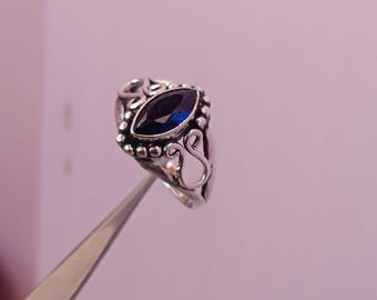 Vintage Marquise Blue Sapphire Ring: Sterling Silver Boho Gothic Jewelry