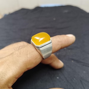 Handmade Yellow Agate Men&#39;s Ring: Bold Sterling Silver Statement Signet