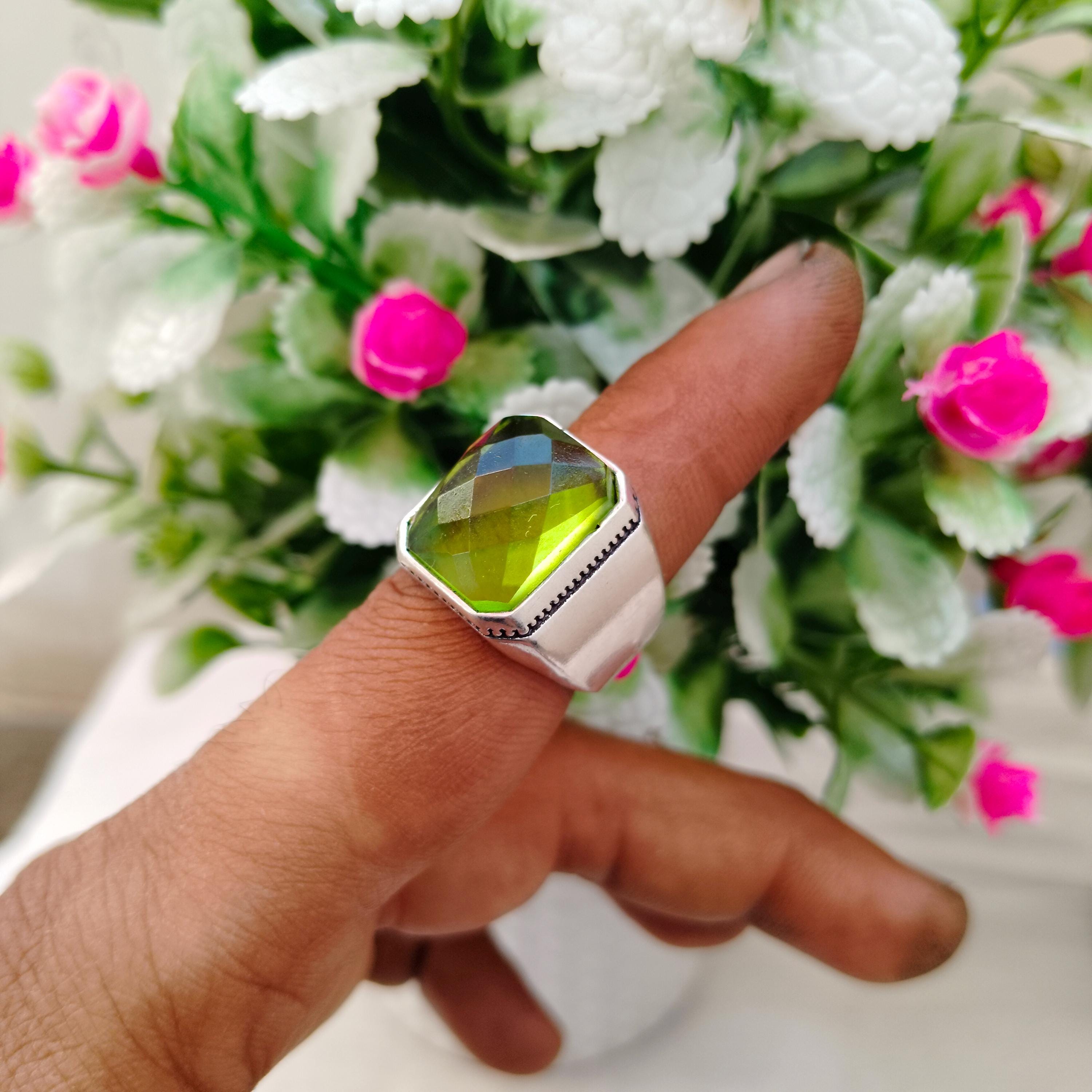 Handmade Green Faceted Stone Men's Ring Bold Silver Statement Ring