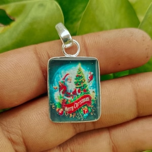 Santa & Tree Christmas Pendant: Silver-Tone Holiday Necklace