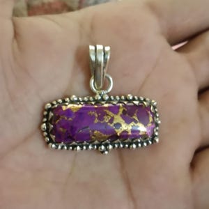 Purple Copper Turquoise Rectangle Pendant, 925Sterling Silver Handmade Jewelry, Boho Statement Necklace Gift for Women, Unique Charm Pendant