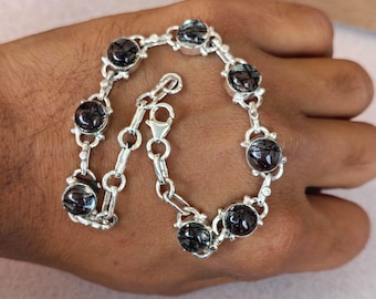 Black Tourmaline Rutilated Quartz Bracelet: 925 Sterling Silver Gemstone Jewelry