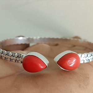 Handmade Red Coral Cuff Bracelet, Vintage Style Adjustable Tribal Bangle, 925 Sterling Silver Bangle&#39;s, Boho Statement Jewelry For Women&#39;s