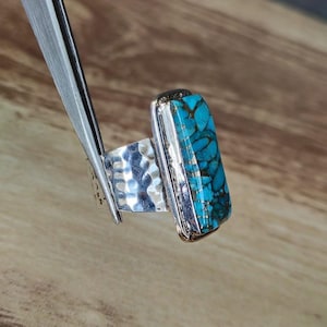 Handmade Turquoise Gemstone Ring | Hammered 925 Sterling Silver Statement Ring | Long Vertical Boho Ring for Women, Minimal Unique Ring&#39;s