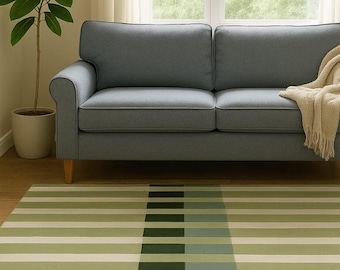 Hand-Tufted Wool Striped Area Rug, Modern Geometric Block Design, Sage Green Cottagecore Carpet