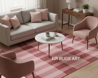 Pink Plaid Hand Tufted Wool Rug, Pastel Checkered Area Carpet
