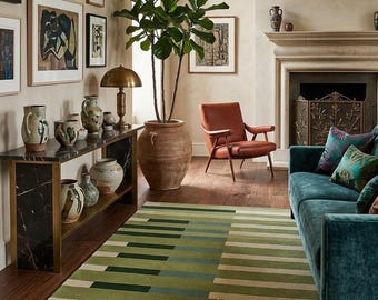 Hand Tufted Wool Geometric Rug, Sage Green Cream Striped Area Carpet