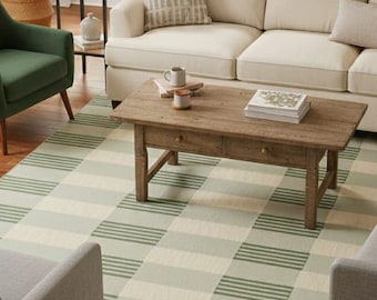 Sage Green Plaid Area Rug, Cream Checkerboard Boho Living Room Carpet