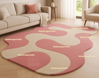 Handmade Tufted Wool Rug – Pink Wavy Organic Shape Carpet