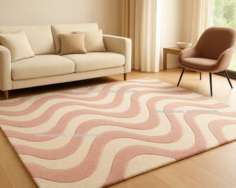 Hand-Tufted Wool Rug, Pink Abstract Wavy Design, Textured Area Rug