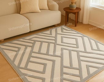 Geometrisk ullmatta – handgjord tuftad beige och grå matta