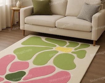 Handgefertigter Wollteppich - Rosa und Grüner Floraler Büschelteppich