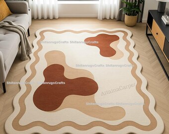 Hand Tufted Abstract Wool Rug, Scalloped Edge, Modern Neutral Carpet