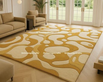 Luxury Hand-Tufted Wool Rug – Mustard and Beige Organic Shape Carpet, Modern Abstract Area Rug
