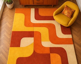 Retro Geometric Cotton Wool Area Rug, Mid Century Modern Abstract Carpet