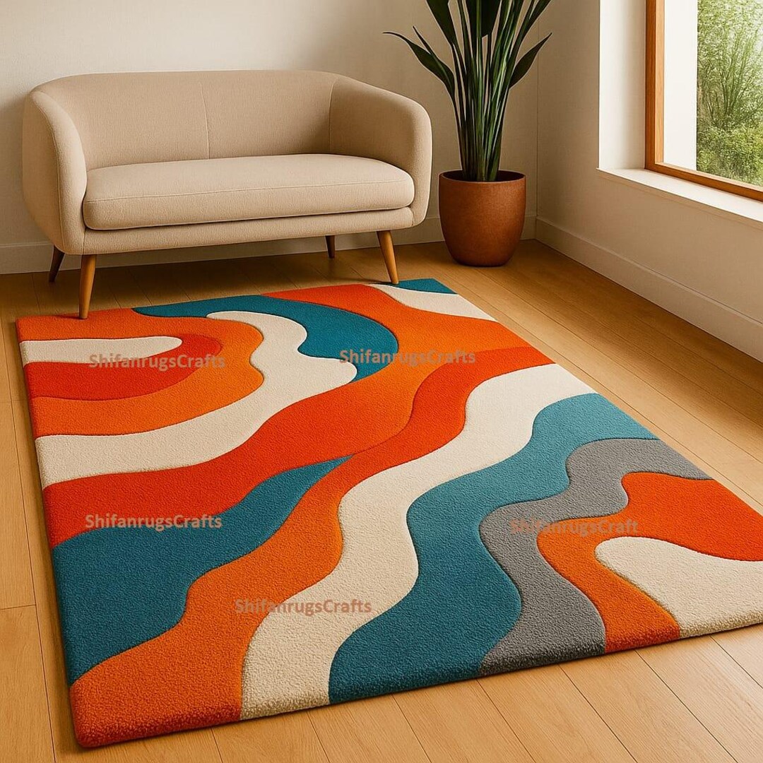 Handmade Tufted Wool Rug – Mid Century Modern Abstract Wave Carpet ...