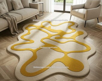 Hand Tufted Wool Area Rug, Irregular Abstract Design, Mustard Yellow & White