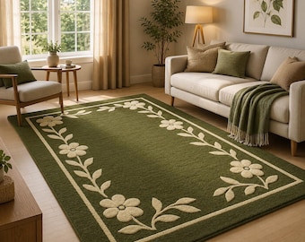 Groen wollen vloerkleed met bloemen – Handgemaakt getuft botanisch tapijt