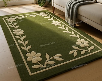 Green Floral Wool Rug – Handmade Tufted Botanical Carpet