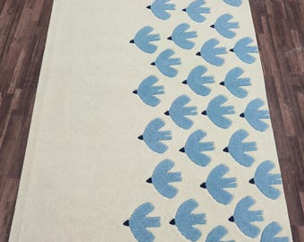 Scandinavian Bird Pattern Rug, Cream Blue Minimal Area Carpet, Soft Plush Kids Room Decor