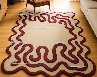 Handgetuft tapijt van 100% katoenwol, abstract golfontwerp