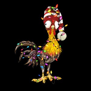 Puede incluir: Ilustración de un gallo de dibujos animados con un gorro navideño a rayas rojas y blancas y adornado con luces navideñas de colores. El gallo tiene plumaje amarillo y marrón, sobre un fondo negro.