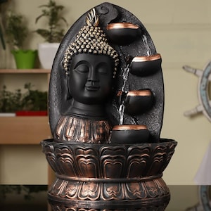 Buddha Indoor Water Fountain with Motor and LED Light | Tabletop Feng Shui Fountain | Meditation Room Decor | Home Office Waterfall